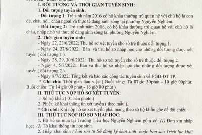 14/TB-THNN VỀ VIỆC TUYỂN SINH LỚP 1 NĂM HỌC: 2022 – 2023